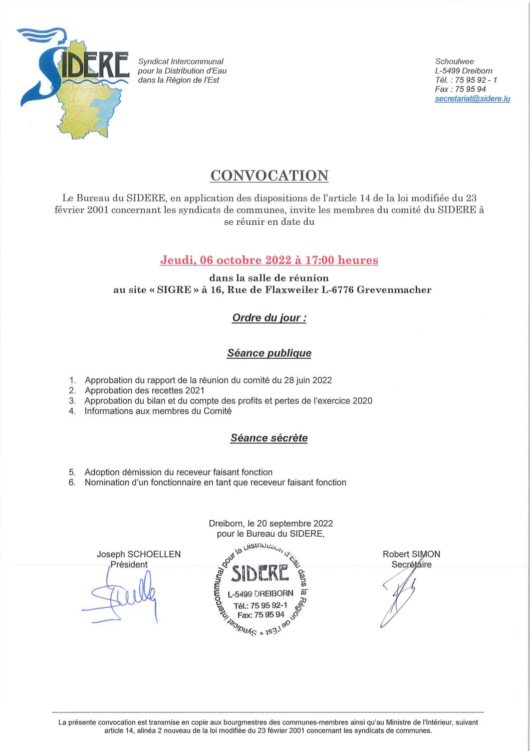 2022 10 06 Convocation Comité Sidere