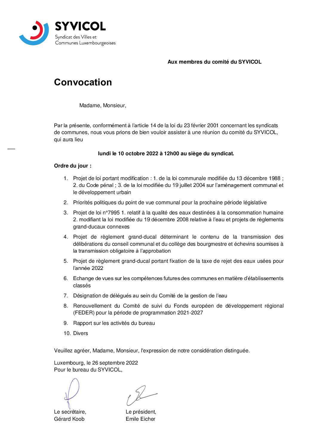 2022 10 10 SYVICOL Convocation Comité