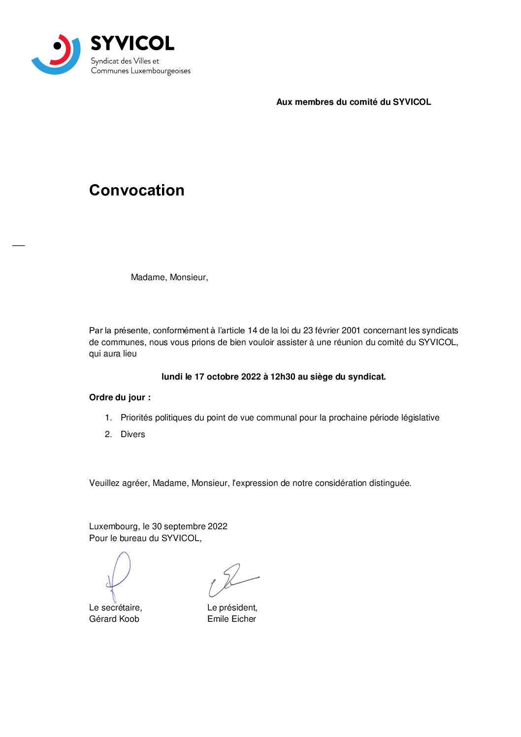 2022 10 17 Convocation Comité Syvicol